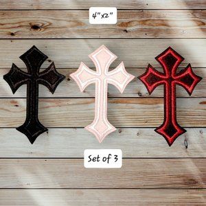 Set of 3 -Cross Embroidery Iron-on Applique Patch - Black White & Red